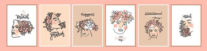International womens day a5 postcard set. International Women s day line art portraits of beautiful women with flowers. Graceful templates for cards, posters, flyers and other users. Vector lettering