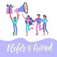 Refer a friend marketing internet background. Man with gift box shout at megaphone about loyalty, promotion, gifts. Group of customer come. Internet, phone, mobile concept. Vector flat illustration