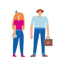 Set of two people, team in casual wear standing. City lifestyle concept. Vector man and women isolated on white background.