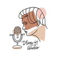 Social media linear illustration for drop-in audio chat. Male face in profile with professional microphone. Outline vector concept