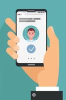 Facial recognition concept. Face ID, face recognition system. Hand holding smartphone with human head and scanning app on screen. Modern application. Flat design graphic elements. Vector flat cartoon