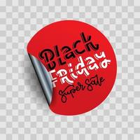 Black friday sale round sticker. Vector realistic illustration with hand drawn lettering. Red circle with shadow on transparent background.