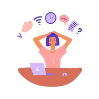 Busy worker concept. A woman sits at a desk and performs several tasks at the same time. Multitasking and time management at remote work concept. Cartoon flat vector illustration on a white background