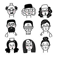 Doctor and nurse faces doodle icons set. Medical staff black linear avatars on white background. Vector hand drawn illustration