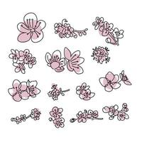 Japanese sakura buds set. Cherry blossom flowers in one line art style. Black and white doodle with abstract pink shapes. Spring element collection. vector