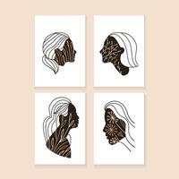 Set of four abstract minimalistic aesthetic a4 posters with floral pattern on female profiles, face silhouette, floral lines. Trendy vector illustration for social networks, web design in vintage boho