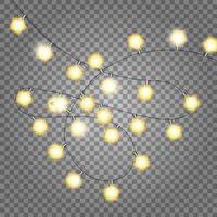Christmas gold garlands isolation on transparent background. Xmas realistic overlay yellow lights with star shape. Holidays decorations bright lamps. Vector gloving garland illustration
