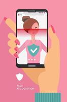 Facial recognition. Face ID, face recognition system. Female Hand holding smartphone with woman head and scanning app on screen. Modern application for social media, presentation. Vector illustration