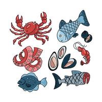 Set of flat color doodle hand drawn rough simple seafood sketches. Vector illustration isolated on white background. Seafood fish slices elements for web design, textile prints, covers, posters, menu