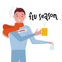 Lettering Flu Season and illustration of sick man with temperature, holding wipe handkerchief, tea mug, thermometer - ill with infection, allergy, flu or fever. Influenza. Catch a cold. Autumn leaves. vector