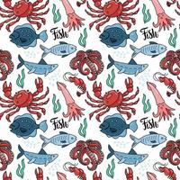 Sea food seamless patern with hand drawn doodle illusration in outline scandinavian style. Print isolated in white background. Many marine inhabitants - fishes, octopus, crab, squid, algae vector