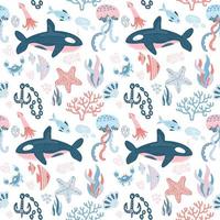 Marine inhabitants seamless patern with hand drawn doodle illusration in scandinavian style. Print isolated on white background. Underwater animals, fishes, killer whale, crab, squid, starfish, ankor vector