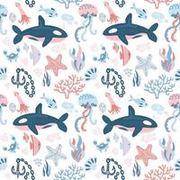 Marine inhabitants seamless patern with hand drawn doodle illusration in scandinavian style. Print isolated on white background. Underwater animals, fishes, killer whale, crab, squid, starfish, ankor vector