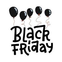 Black Friday lettering quote hanging on black balloons isolated on a white background. Vector flat hand drawn Illustration for ad banners design.