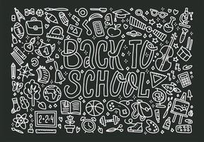 Freehand chalk drawing school items on the black chalkboard. Back to School, vector illustration. Vector Background with lots of pupils objects. Uotline Concept of education with lettering