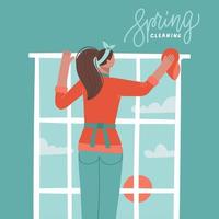 mujer lavando la ventana con un paño. concepto de limpieza de primavera. vista trasera. banner vectorial dibujado a mano plana con texto de letras vector