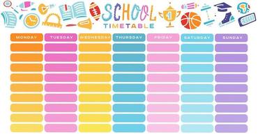 School Timetable, a weekly curriculum design template, scalable vector graphic with gradient transition. Vector Template School planning for pupils with supplies. hand drawn flat color illustration