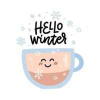 Hot coffee cup with hello Winter lettering decoration. Glass mug with cute face window sticker for cafe. Isolated cozy hygge icon. winter drink bar design element on white background. vector