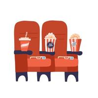 Two red cinema seats with popcorn drinks and glasses. Vector flat hand drawn illustration.