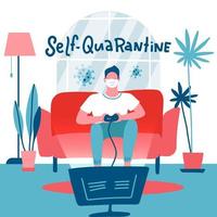 Self-quarantine concept. Man in medical mask playing video game console at home. Guy sits on sofa, holds game controller and watches TV. Room interior. Vector flat illustration