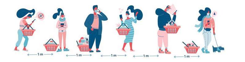 People keep distance away in public to protect COVID-19. Coronavirus flu outbreak, people with shopping carts wait in line or queue keep away distance with COVID-19 pathogen. Flat vector characters