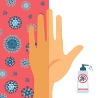 Compare the hands that wash and don't wash. Half of the palm is dirty, unwashed with coronavirus, the second half of the hand is clean after washing with sanitizer gel. Vector flat illustration