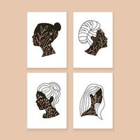 Abstract continuous line posters set. Fashion templates with female heads pofiles with plants, leaves, color textured elements on their faces in modern outline style. Hand drawn vector illustration.