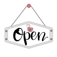 OPEN the word in handwritten font, in black, with quote with logo. sign on door about opening with an open lock icon. doodle style signboard template, opening notification sign, isolated. Vector. vector