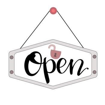 OPEN the word in handwritten font, in black, with quote with logo. sign on door about opening with an open lock icon. doodle style signboard template, opening notification sign, isolated. Vector. vector