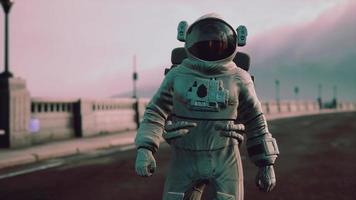 astronaut in space suit on the road bridge video