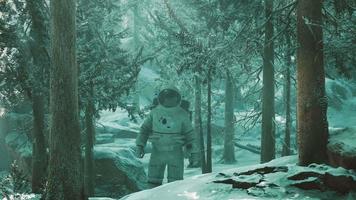 astronauta explorando floresta na neve video