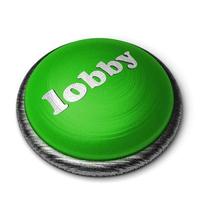 Palabra de lobby en el botón verde aislado en blanco foto