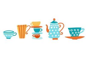 Ceramic teapot and many mugs and cups with a hot drink on white backgrounds. Flat cartoon colorful vector illustration in hygge style.