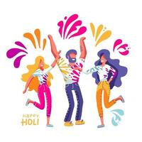 Group of young people celebrates Holi. Men and women throw colored paint. Vector illustration in flat hand drawn style with lettering