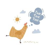 Chicken doing tok tok tok... Vector illustration in flat style on white background with lettering text.