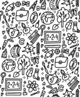 Funny seamless pattern with school supplies and creative elements. Back to school background for education, science objects and office supplies. White vector background with black line icons.