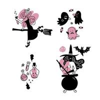 conjunto de pegatinas o etiquetas de brujas felices y atractivas jóvenes, vector plano y colección dibujada a mano en línea. rosa y negro