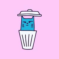 gato aburrido en el bote de basura, ilustración para camisetas, pegatinas o prendas de vestir. con garabato, pop suave y estilo de dibujos animados. vector