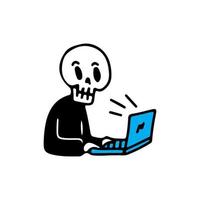 esqueleto trabajando en una computadora portátil, ilustración para camisetas, calcomanías o prendas de vestir. con garabato, pop suave y estilo de dibujos animados. vector