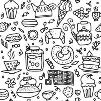 Tea and sweets seamless doodle pattern. Outline hand drawn illustration about coffee or tea time - coffee, tea, cupcake, cups, candy, lollipops vector