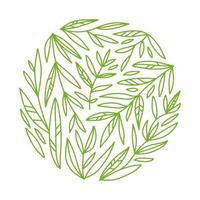 Green tea. Round leaves and branches pattern concept in an outline style. Composition with abstract hand drawn elements. Doodle style. Template for cafe menu, packaging or signboard. vector