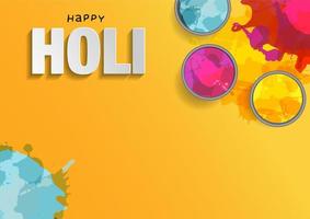 Holi background flat lay. Colorful holi powder on yellow background. Vector illustration with splashes and paper cut text