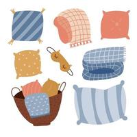 Set of cute cartoon pillows, blankets and plaids. Hygge Interior decoration textile elements. Hand drawing isolated objects on white background. Vector flat hand drawn illustration.