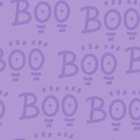 Seamless pattern with handwritten text - Boo. Lettering repeating doodle texture for halloween. Violet creative vector background. Cute spooky concept.