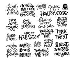 conjunto de 18 inscripciones de letras a mano de fiesta de halloween, cita de celebración, caligrafía en blanco y negro. colección de ilustraciones vectoriales de moda vector