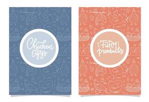 Set of agricultural brochure Covers . Linear Images of cocks, hens and chickens. Outline A4 composition. Background for, flyers, banners with lettering texts. Vector cute illustration