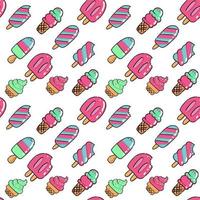 Vector trendy seamless pattern with bitten ice cream. Modern summer fashion print on white background. Outline color hand drawn illustration of different types of popsicle