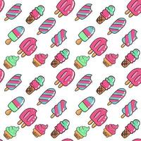 Vector trendy seamless pattern with bitten ice cream. Modern summer fashion print on white background. Outline color hand drawn illustration of different types of popsicle