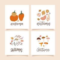 Autumn mood square cards with autumn natural compositions of leaves, mushrooms, twigs, berries and pumpkins. Hand drawn fall season elements with lettering. Flat hand drawn vector illustration.