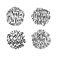 conjunto de citas de madre con letras en formas redondas. súper mamá, la mejor madre del mundo, conceptos del círculo de letras del día de la madre. ilustración vectorial en blanco y negro vector